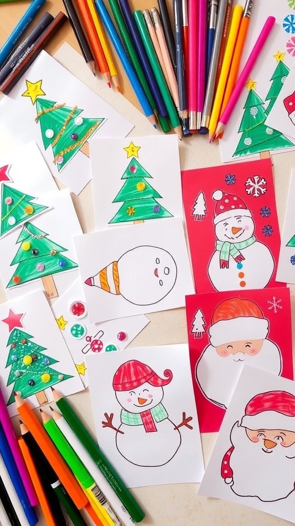 Handmade Christmas cards with drawings of trees, snowmen, and Santa, surrounded by art supplies.